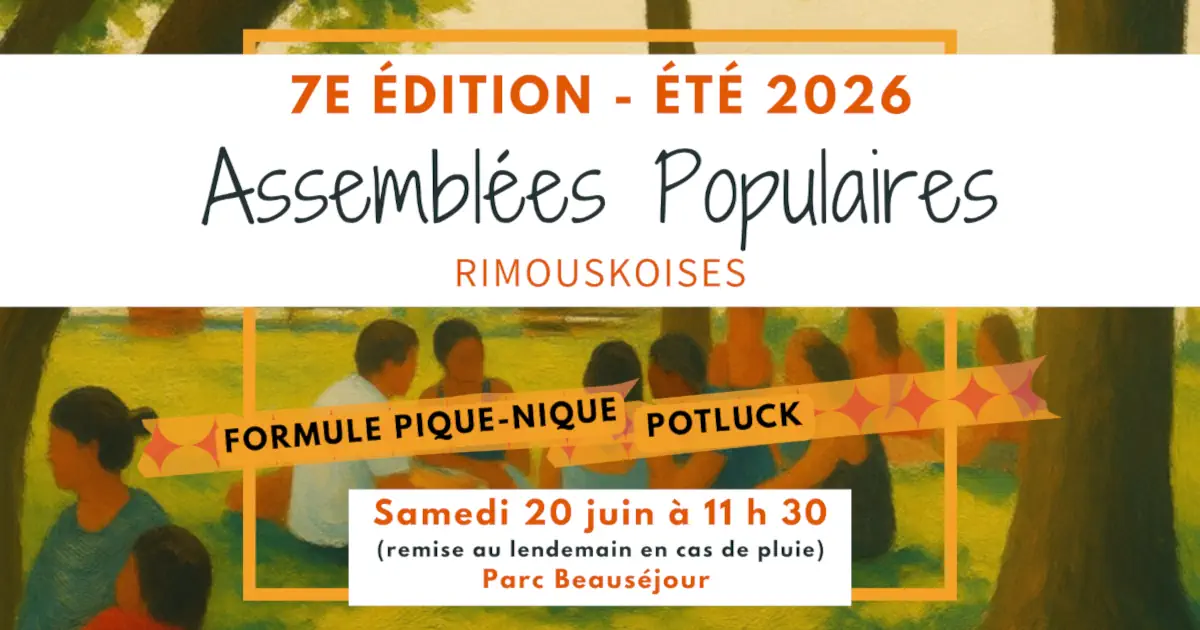 Bannière de promotion de la 7ème assemblée populaire rimouskoise